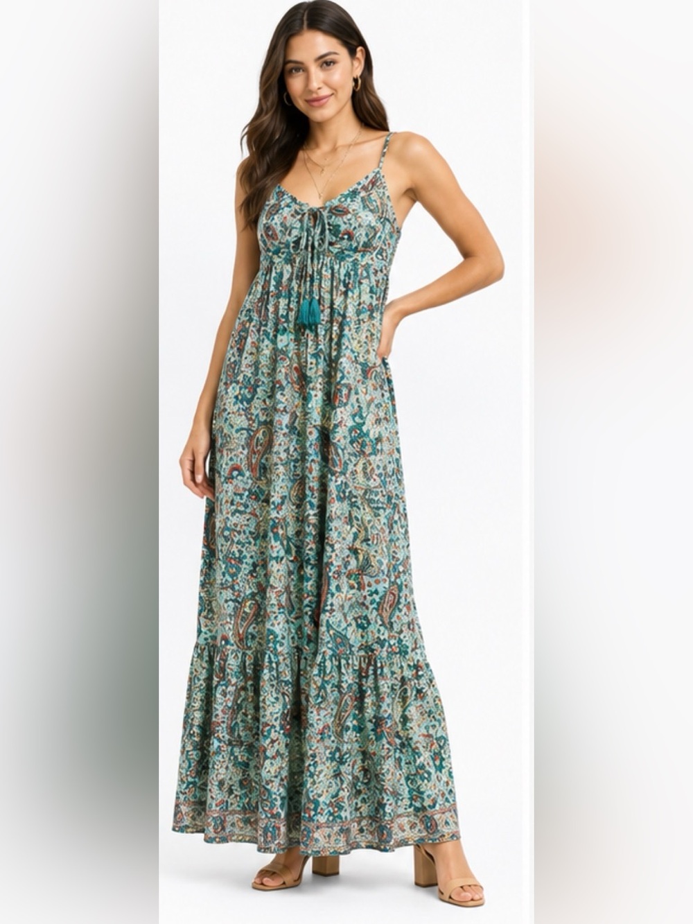 NWT White Waves Silk Blend Paisley Gold Foil Maxi Dress L/XL